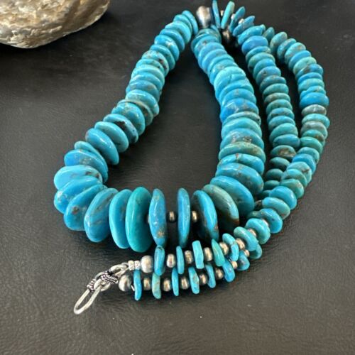 Blue Kingman Nugget Turquoise Necklace | Navajo Pearls | Sterling Silver | 30" | Authentic Native American | 17382