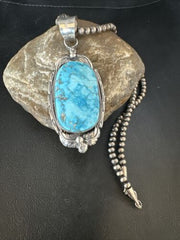 Navajo Blue Kingman Turquoise Pendant Necklace | Sterling Silver | Authentic Native American Handmade | 14861