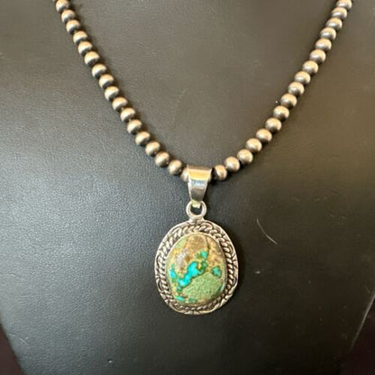 Navajo Blue Boulder Turquoise Necklace Pendant | Sterling Silver | Authentic Native American Handmade | 16801