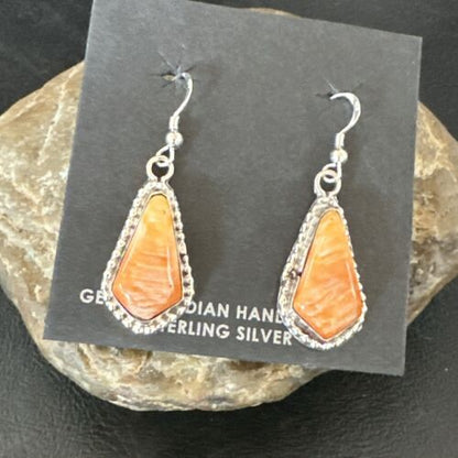 Navajo Orange Spiny Oyster Dangle Earrings | Sterling Silver | Authentic Native American Handmade | 17264