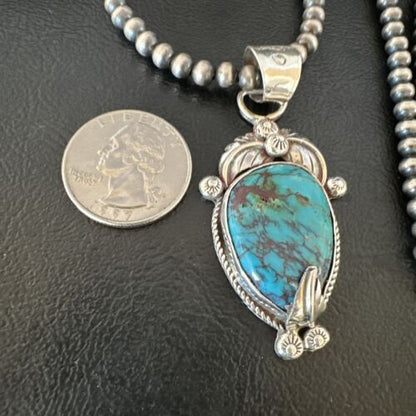 Navajo Blue Turquoise Pendant Necklace | Sterling Silver Pearls | Authentic Native American Handmade | 15647