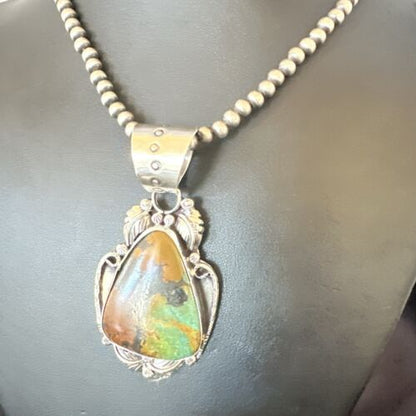 Men's Navajo Green Turquoise Pendant Necklace | Sterling Silver | Authentic Native American Handmade | 17532