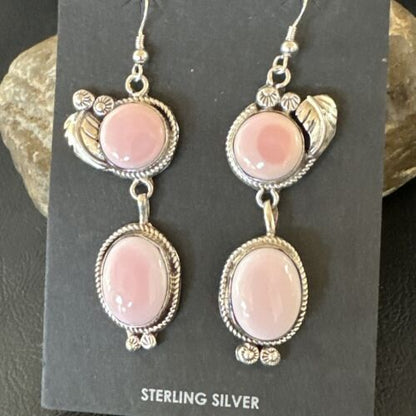 Navajo Pink Conch Shell Dangle Earrings | Sterling Silver | Authentic Native American Handmade | 17193