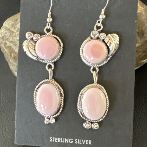 Navajo Pink Conch Shell Dangle Earrings | Sterling Silver | Authentic Native American Handmade | 17193