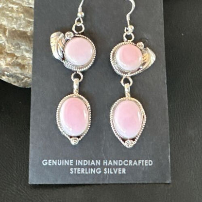 Navajo Pink Conch Shell Dangle Earrings | Sterling Silver | Authentic Native American Handmade | 17215