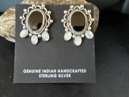 Navajo Black Onyx and White Mother of Pearl Earrings | Sterling Silver | 1" | Authentic Native American Handmade | 15332
