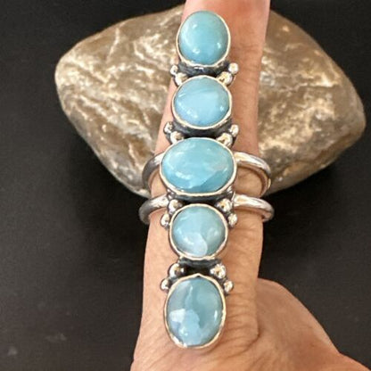 Navajo Women's Cluster Blue Larimar Ring | Authentic Native American Sterling Silver | Multi-Stone | Sz 7.5 | 15953