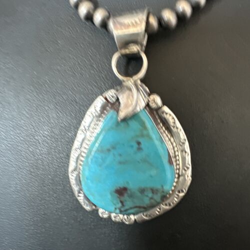 Men's Blue Kingman Turquoise Pendant Necklace | Navajo Pearls | Sterling Silver | 16021