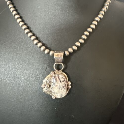 Men's White Buffalo Turquoise Pendant Necklace | Navajo Pearls | Sterling Silver | Native American Handmade | 17334