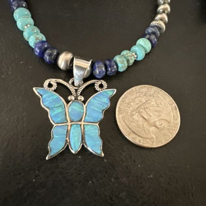 Navajo Butterfly Blue Opal Turquoise Inlay Pendant Necklace | Sterling Silver | Native American Handmade | 16760