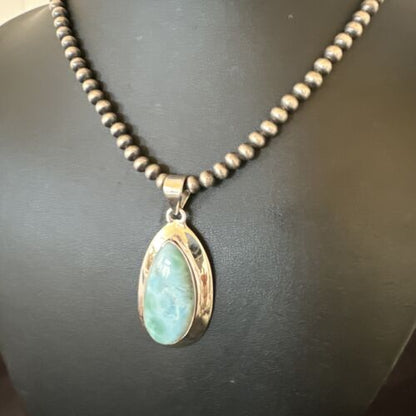 Navajo Blue Larimar Pendant Necklace | Sterling Silver Beads | Authentic Native American Handmade | 16485