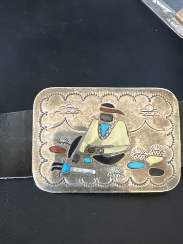 Ultra Rare Zuni Sun Face Inlay Belt | Turquoise Onyx | Sterling Silver | 40" | 17406