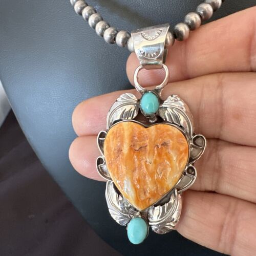 Navajo Spiny Oyster Heart Turquoise Pendant Necklace | Sterling Silver | Authentic Native American Handmade | 16456
