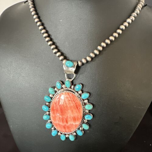Navajo Kingman Turquoise & Red Spiny Oyster Pendant Necklace | Sterling Silver | 16014