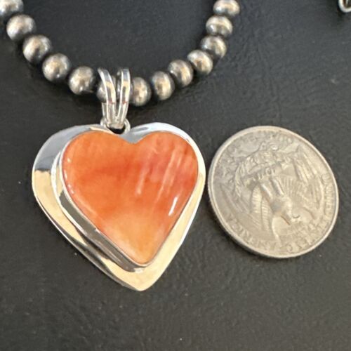 Navajo Orange Heart Spiny Oyster Pendant | Sterling Silver Necklace | Authentic Native American Handmade | 15015