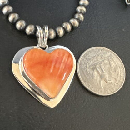 Navajo Orange Heart Spiny Oyster Pendant | Sterling Silver Necklace | Authentic Native American Handmade | 15015