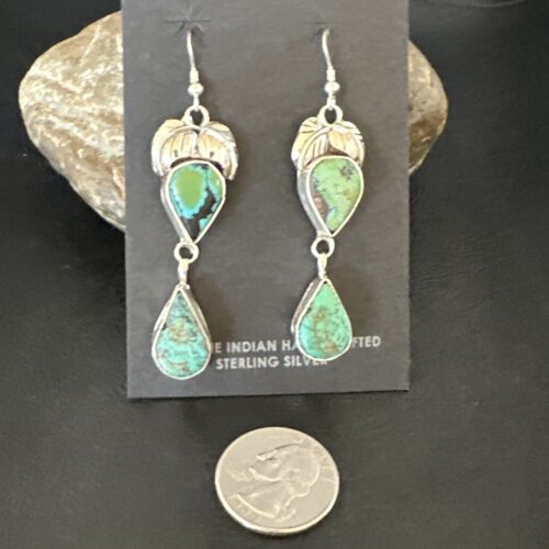 Navajo Green Royston Turquoise Dangle Earrings | Sterling Silver | Authentic Native American Handmade | 16451
