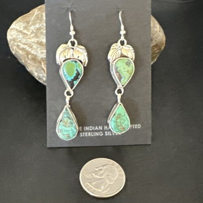 Navajo Green Royston Turquoise Dangle Earrings | Sterling Silver | Authentic Native American Handmade | 16451
