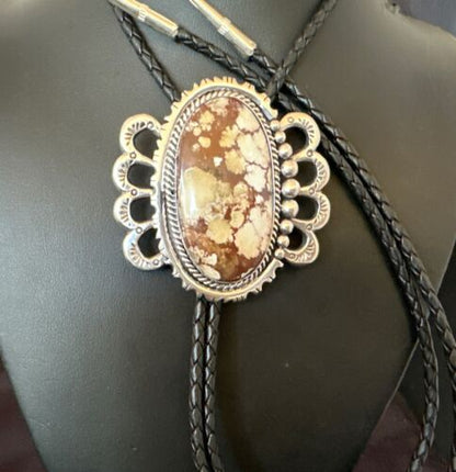 Navajo Men's Bolo Tie | Wild Horse Turquoise | Sterling Silver | Native American Handmade | 16757
