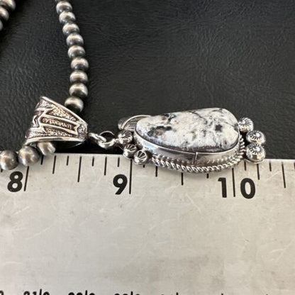 Navajo White Buffalo Turquoise Pendant Necklace | Sterling Silver | Authentic Native American Handmade | 17514