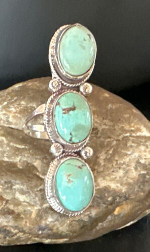 Navajo Blue Dry Creek Turquoise 3-Stone Ring | Authentic Native American Sterling Silver | Multi-Stone | Sz 11 | 16734