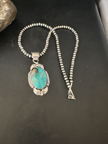 Navajo Pearls Necklace with Blue Turquoise Pendant | Sterling Silver | Authentic Native American Handmade | 14879