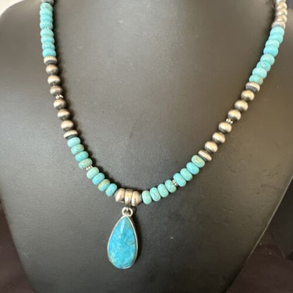 Navajo Blue Turquoise Pendant Necklace | Sterling Silver | Authentic Native American Handmade | 16652