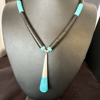 Santo Domingo Blue Turquoise Black Onyx Necklace | Sterling Silver | 21" | 15765