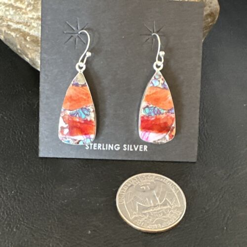 Navajo Blue Turquoise Red Spiny Oyster Inlay Dangle Earrings | Sterling Silver | 15560