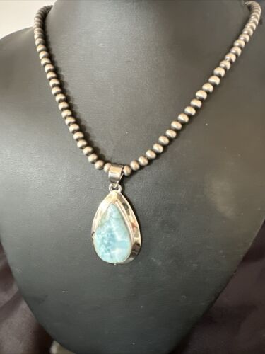 Navajo Blue Larimar Pendant Necklace | Sterling Silver Beads | Authentic Native American Handmade | 17603