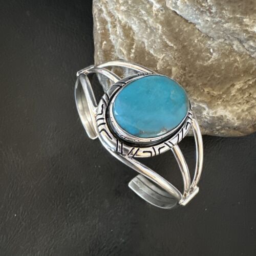 Navajo Blue Kingman Turquoise Cuff Bracelet | Sterling Silver | Authentic Native American Handmade | 16247