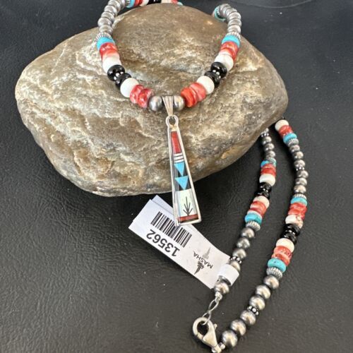 Navajo Turquoise Spiny Oyster Inlay Pendant Necklace | Sterling Silver | Authentic Native American Handmade | 13562