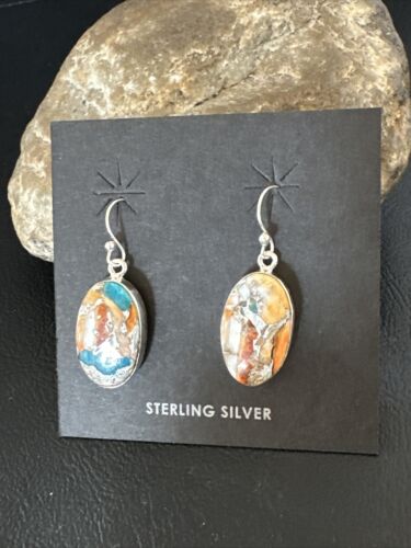 Navajo Blue Turquoise & Orange Spiny Oyster Inlay Dangle Earrings | Sterling Silver | 15587