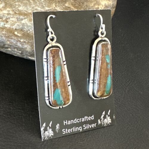 Navajo Blue Boulder Turquoise Dangle Earrings | Sterling Silver | Authentic Native American Handmade | 16499