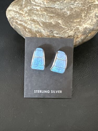 Navajo Blue Opal Inlay Post Earrings | Sterling Silver | Authentic Native American Handmade | 16949