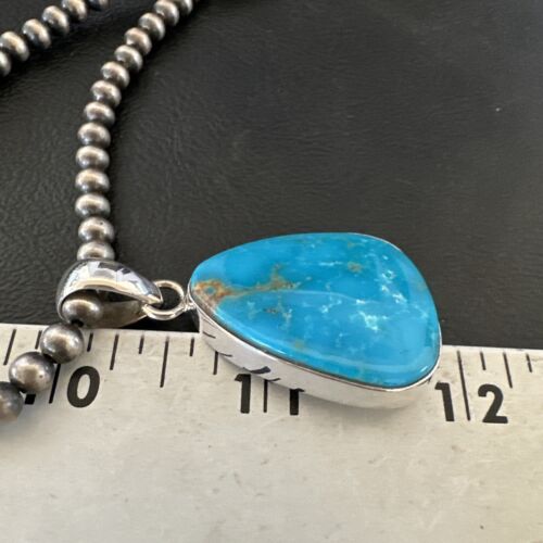 Navajo Blue Kingman Turquoise Pendant Necklace | Sterling Silver | 20" | Authentic Native American Handmade | 16671