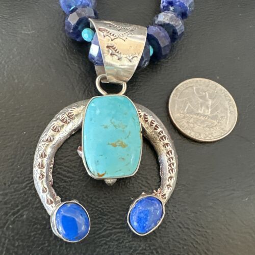 Navajo Blue Denim Lapis Turquoise Naja Pendant Necklace | Sterling Silver | Native American Handmade | 16320