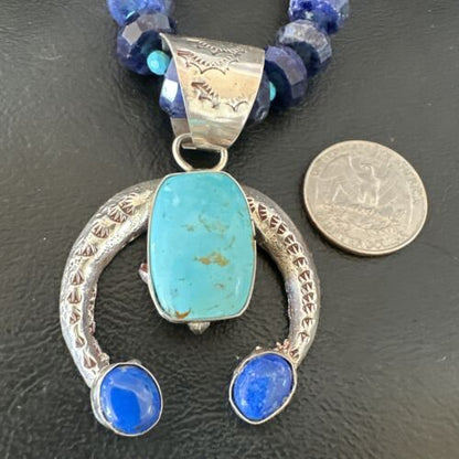 Navajo Blue Denim Lapis Turquoise Naja Pendant Necklace | Sterling Silver | Native American Handmade | 16320