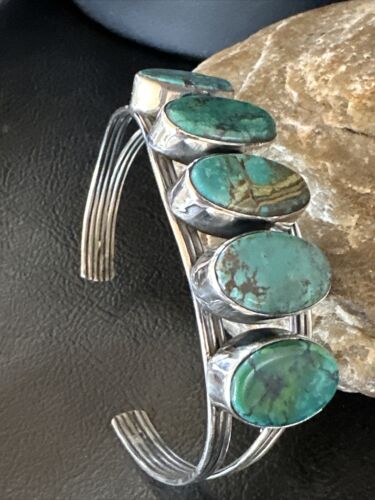Women's Blue Turquoise 5-Stone Cuff Bracelet | Navajo Sterling Silver | Authentic Native American Jewelry | 16166