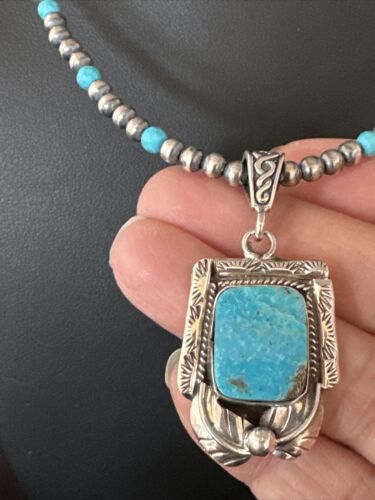 Navajo Pearls Kingman Turquoise Necklace | Sterling Silver | Authentic Native American Handmade | 14895 - Masha USA