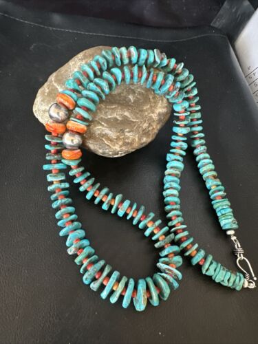 Navajo Blue Turquoise & Spiny Oyster Graduated Necklace | Sterling Silver | Authentic Native American | 28" | 14887