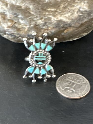 Zuni Blue Turquoise Black Onyx Sunface Inlay Ring | Sterling Silver | Sz 8 | 16432