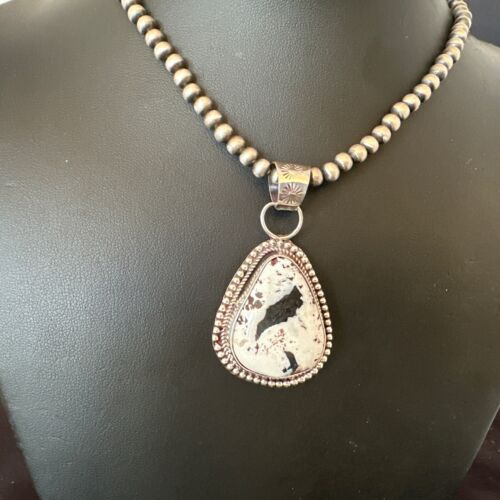 Navajo White Buffalo Turquoise Pendant | Sterling Silver Pearls Necklace | Authentic Native American Handmade | 17107