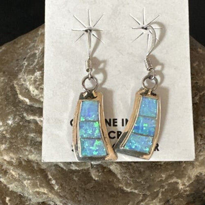 Navajo Blue Faux Opal Inlay Dangle Earrings | Sterling Silver | 1" | Authentic Native American Handmade | 17439