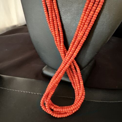 Navajo Red Spiny Oyster Shell Necklace | 5 Strand | Sterling Silver | 26" | Authentic Native American Handmade | 15530