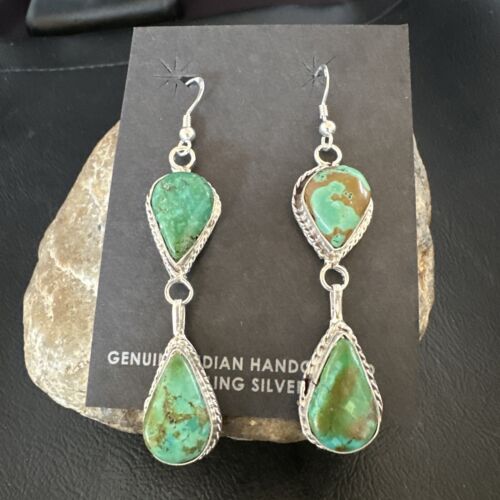 Navajo Green Royston Turquoise Dangle Earrings | Sterling Silver | Authentic Native American Handmade | 16493