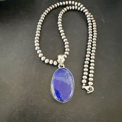 Navajo Blue Lapis Pendant with Pearls | Sterling Silver Necklace | 20" | Authentic Native American Handmade | 16662