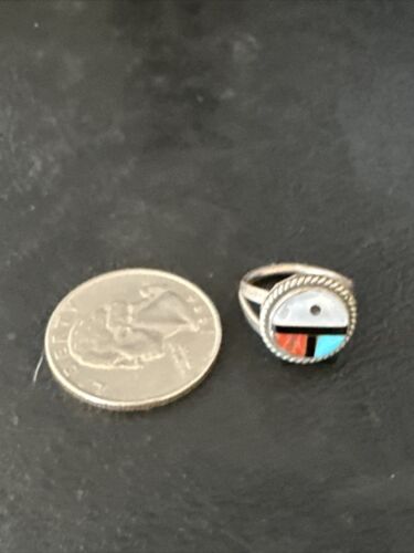 Zuni Pinky Coral Turquoise Onyx Mother of Pearl Inlay Ring | Sz 3 | Sterling Silver | 14918