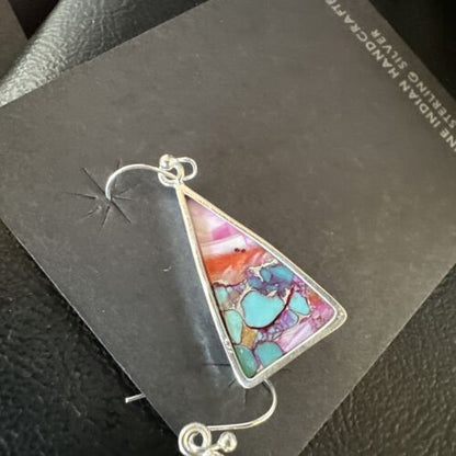 Navajo Blue Turquoise & Purple Spiny Oyster Inlay Dangle Earrings | Sterling Silver | 15564