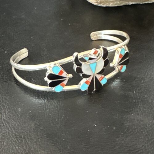 Zuni Thunderbird Bracelet | Sterling Silver Multi-Stone Inlay | Turquoise | Authentic Native American Jewelry | 15056
